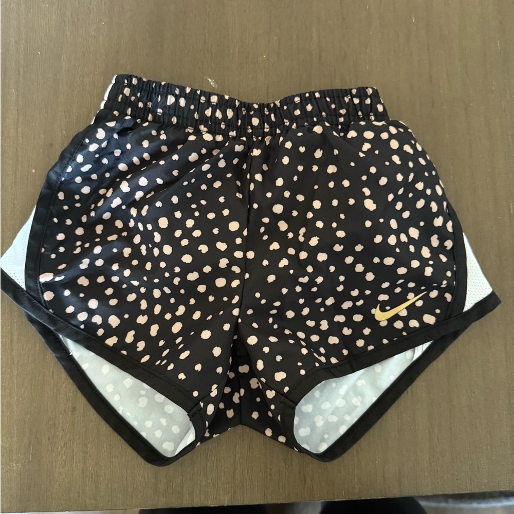 Nike Black Shorts with Light Pink Dot Print and Gold Swoosh